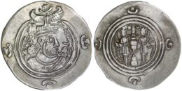 SASANIAN EMPIRE. Khusrau II AD 590-628 . AR Drachm. MY (Meshan) Mint, Year 28