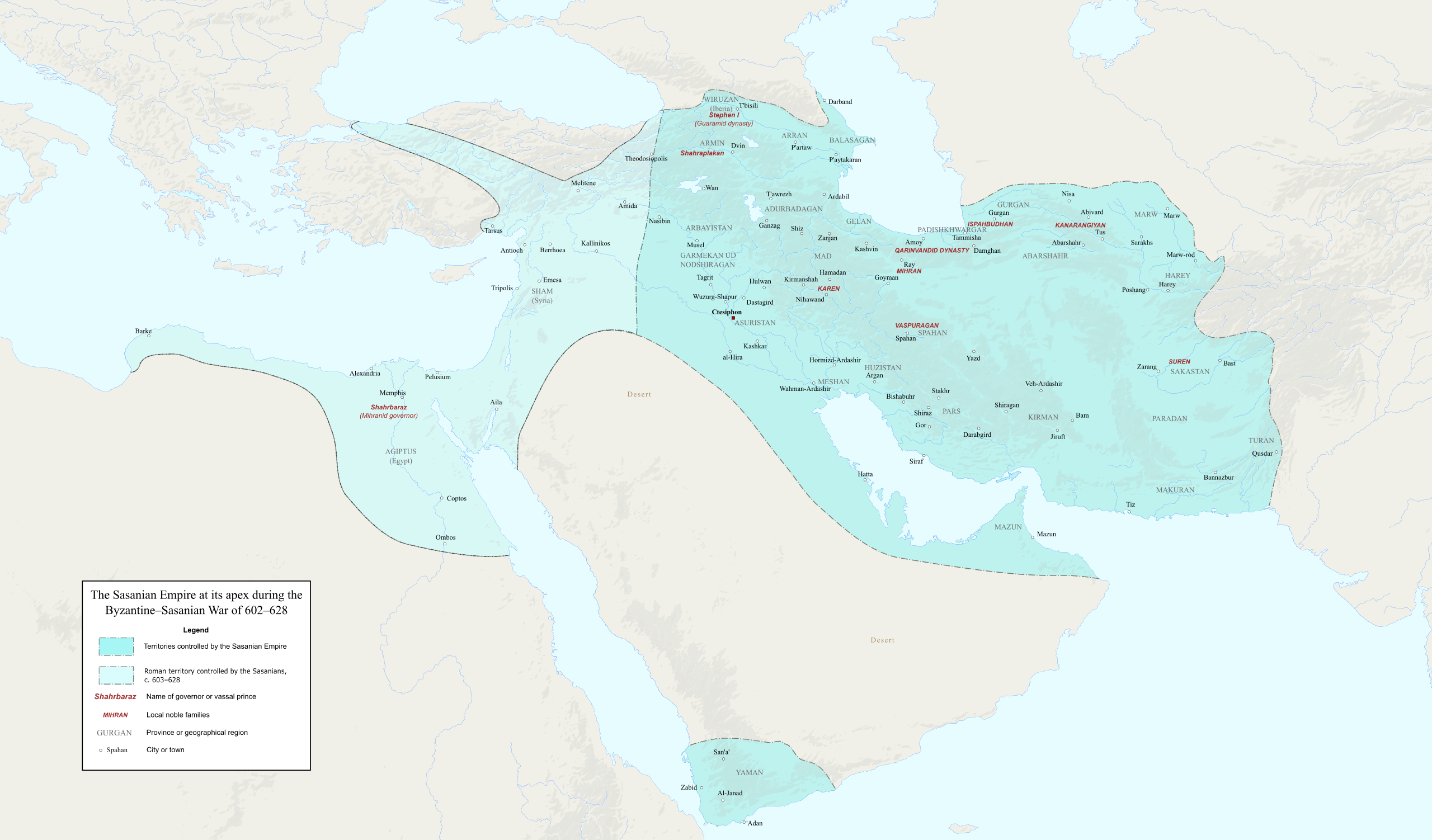 Sasanian Empire at its extent in year 628 AD