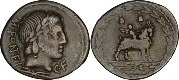 Roman Republic.  Mn. Fonteius C.f,. AR Denarius 85