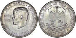 Philippines . AR 1/2 Peso. 1961. 100th Anniversary of Birth of José Rizal