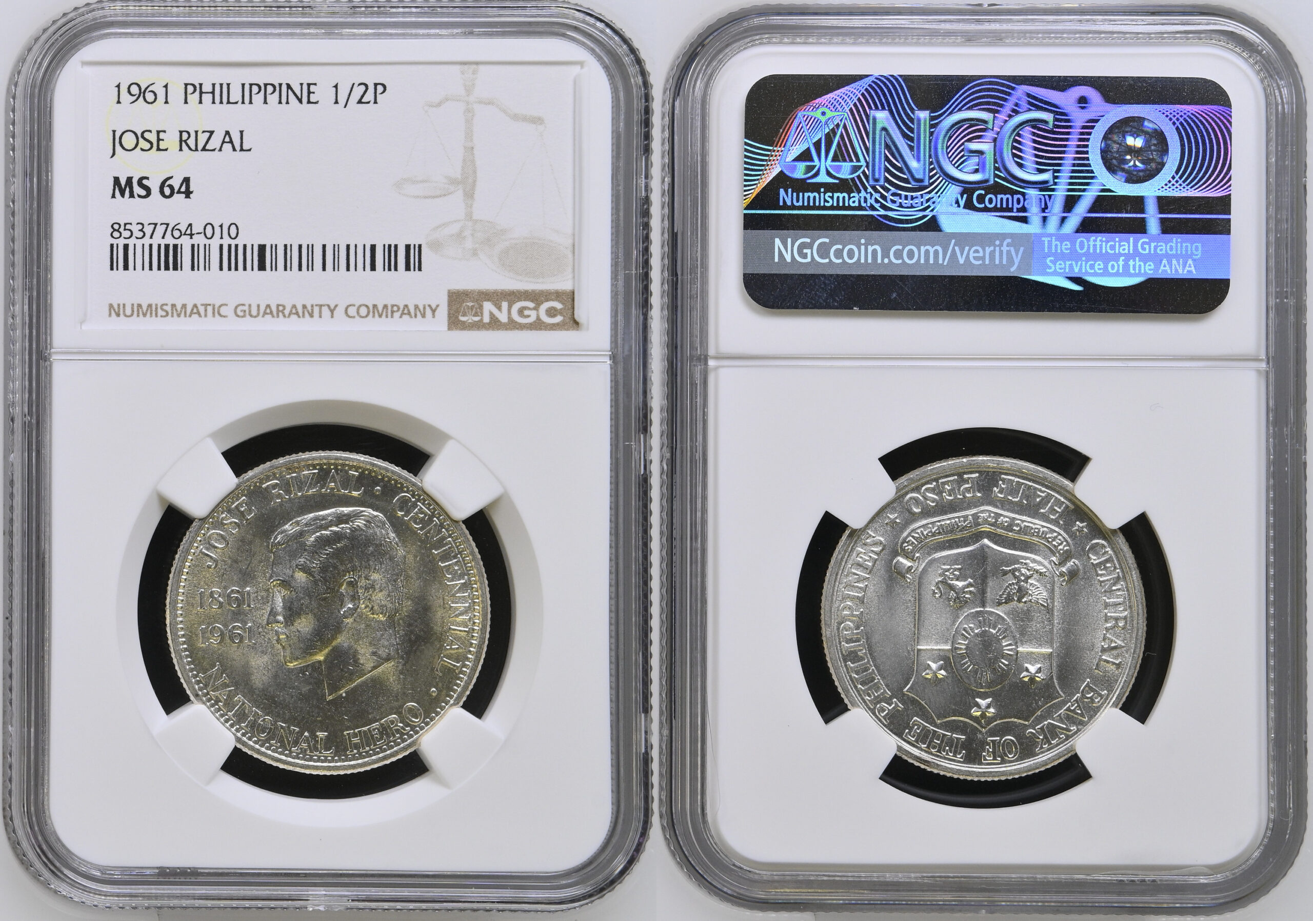 US-Philippines . Silver 1/2 Peso. Jose Rizal. 1961