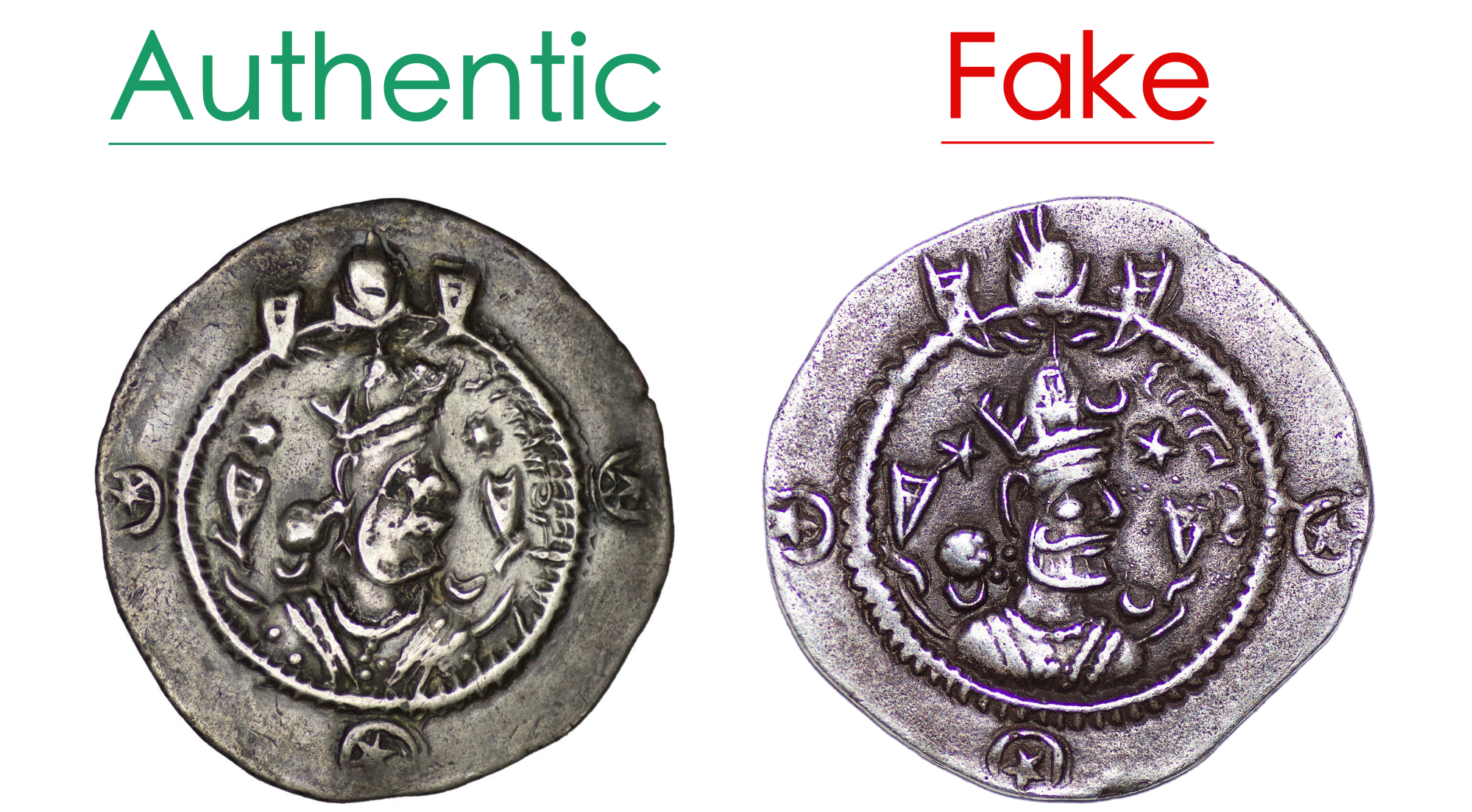 Side by side comparison of an authentic ancient coin and a fake