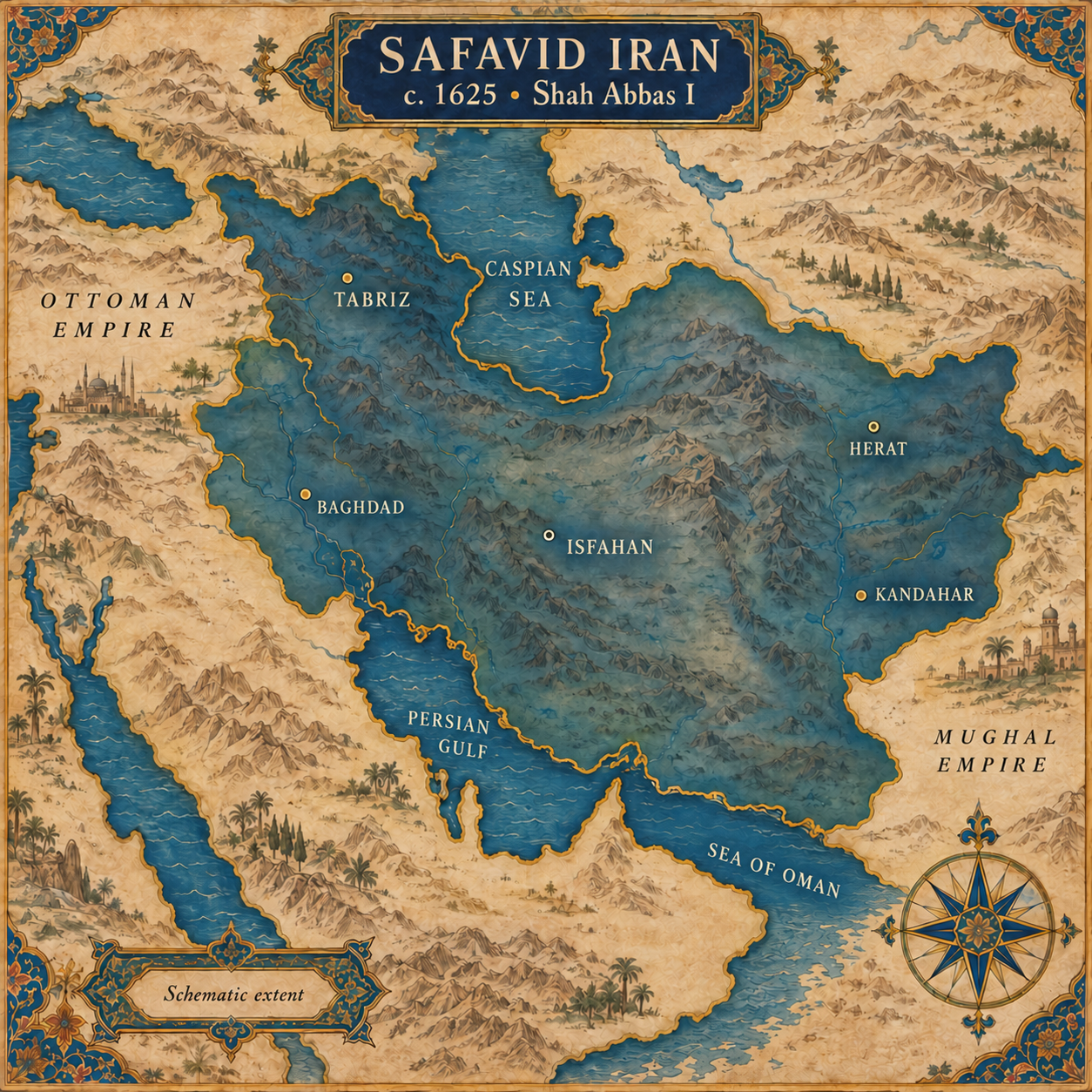 Map of the Safavid Empire under Shah Abbas I at its territorial peak