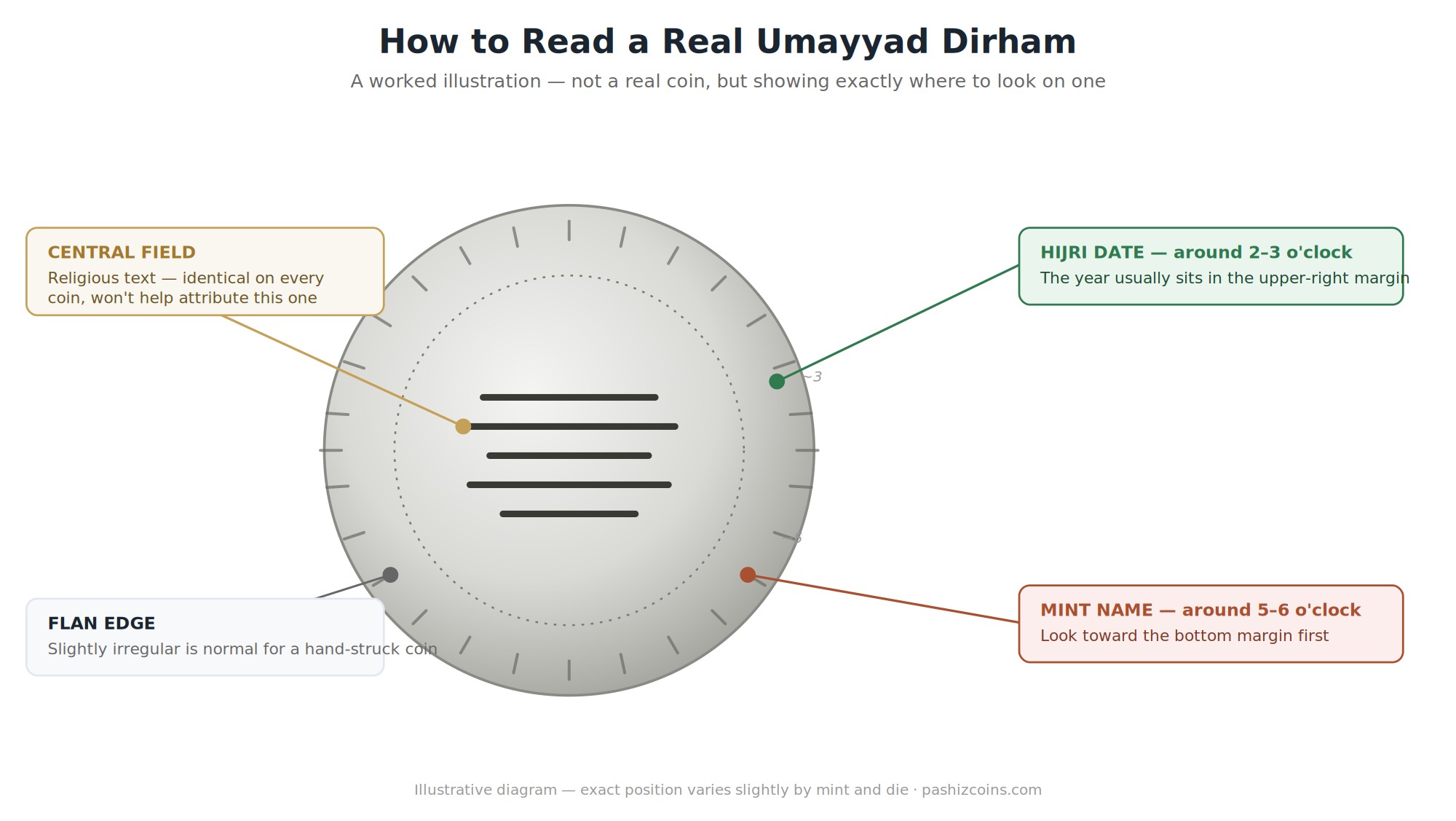 Annotated illustration showing where to find the mint name, date, central field and flan edge on a Umayyad dirham