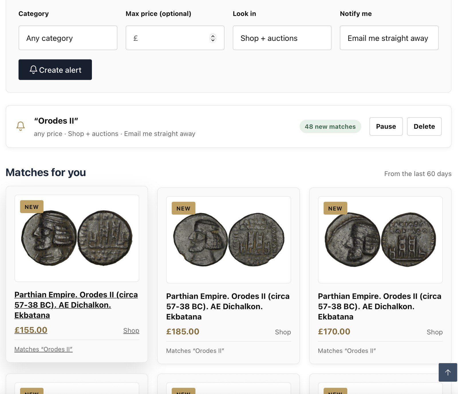 A keyword alert for Orodes II showing 48 new matches and a list of matching Parthian coins