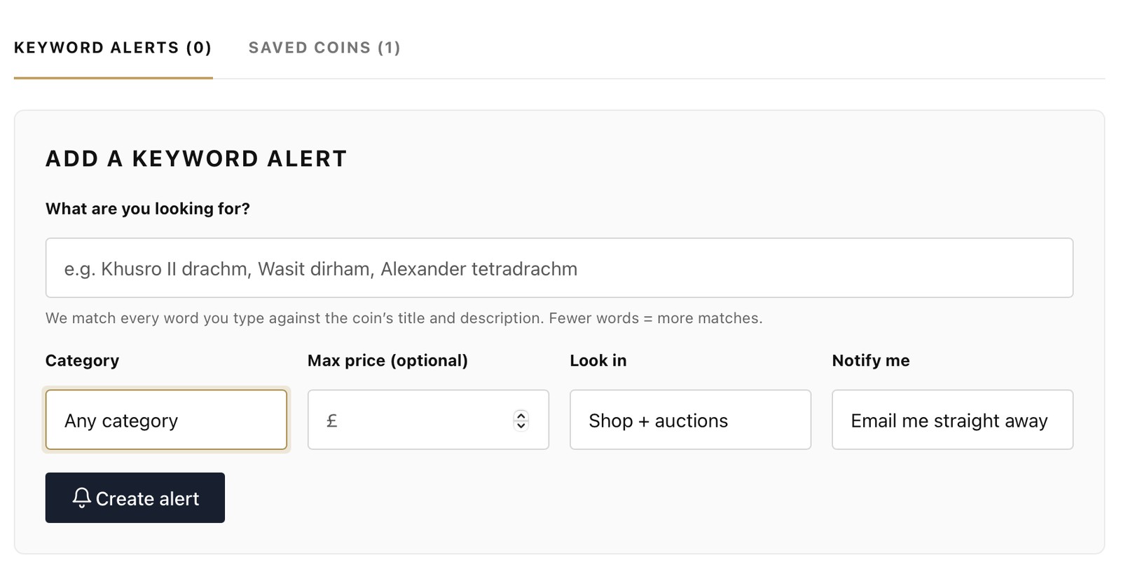 The Add a keyword alert form with fields for keyword, category, maximum price, where to look and how to be notified