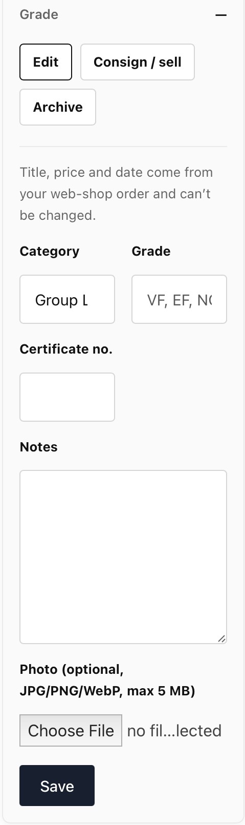 The edit form for a coin with category, grade, certificate number, notes and photo fields