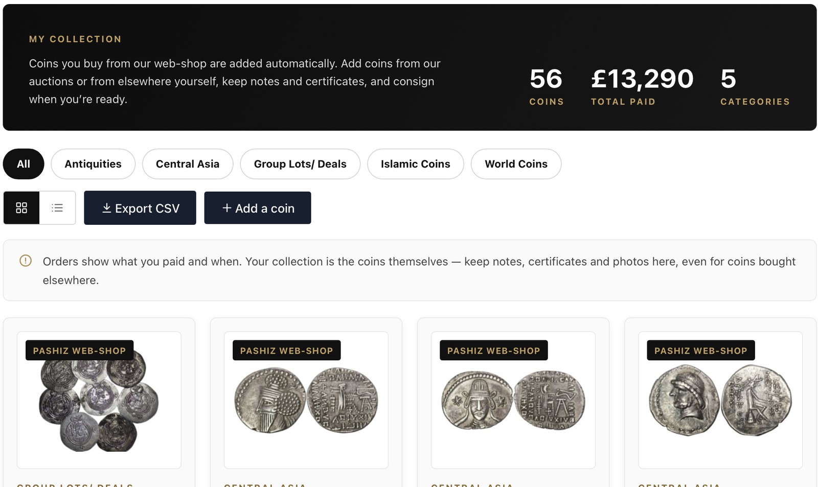 The My collection page showing 56 coins, total paid and category filters, with Export CSV and Add a coin buttons